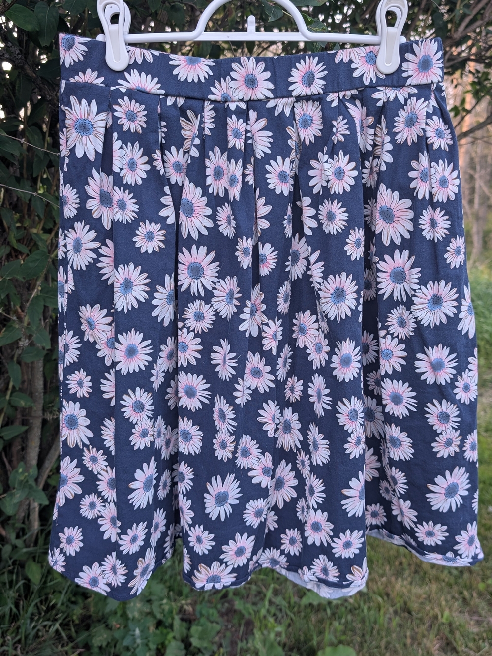 Daisy Print A-Line Skirt - Navy with Pink Flowers